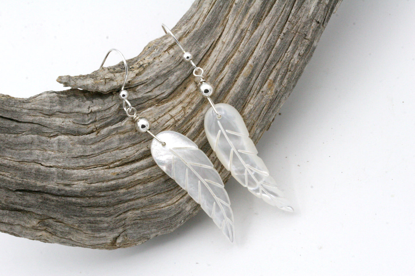 Mother of Pearl Feather Earrings with Sterling Silver