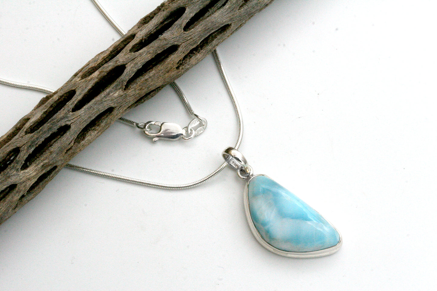 Larimar Pendant Necklace – Freeform Larimar in Sterling Silver Bezel on Snake Chain