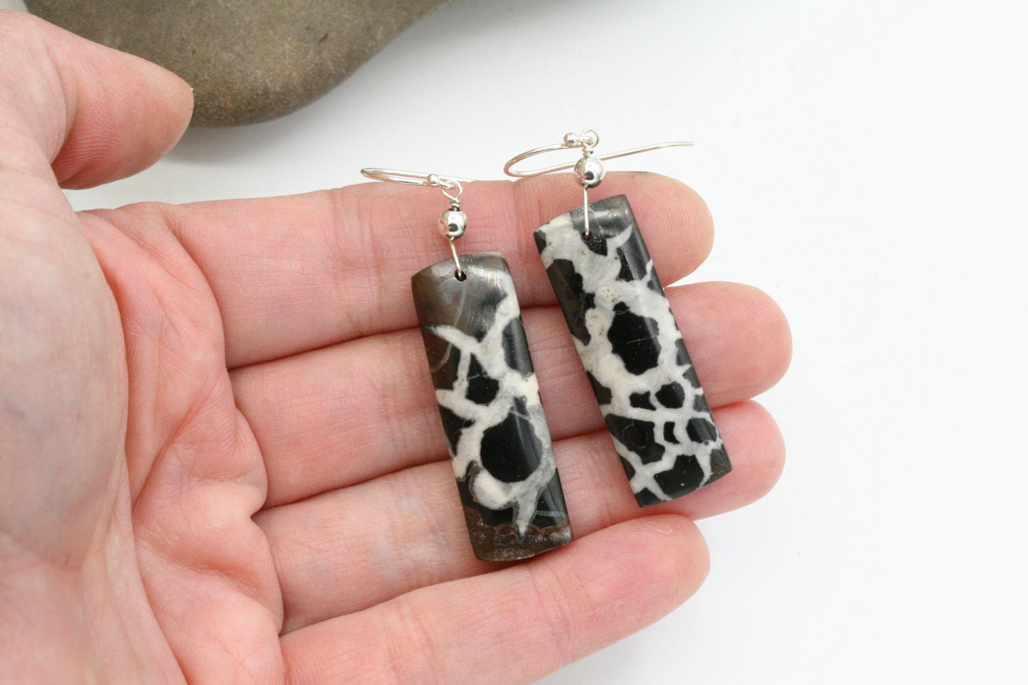 Natural Septarian Fossil Earrings, Black and White Stone