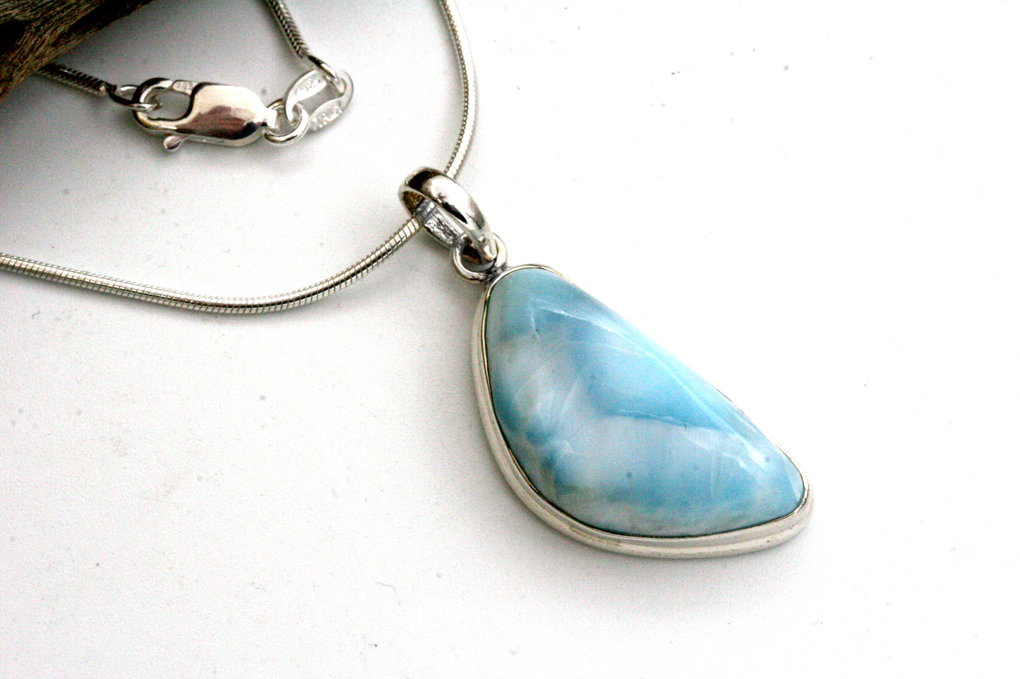 Larimar Pendant Necklace – Freeform Larimar in Sterling Silver Bezel on Snake Chain