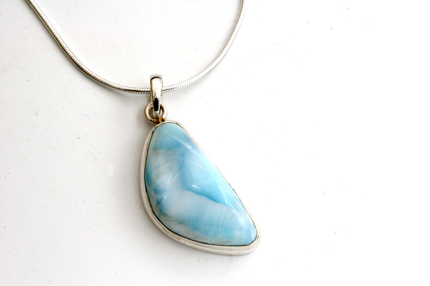 Larimar Pendant Necklace – Freeform Larimar in Sterling Silver Bezel on Snake Chain