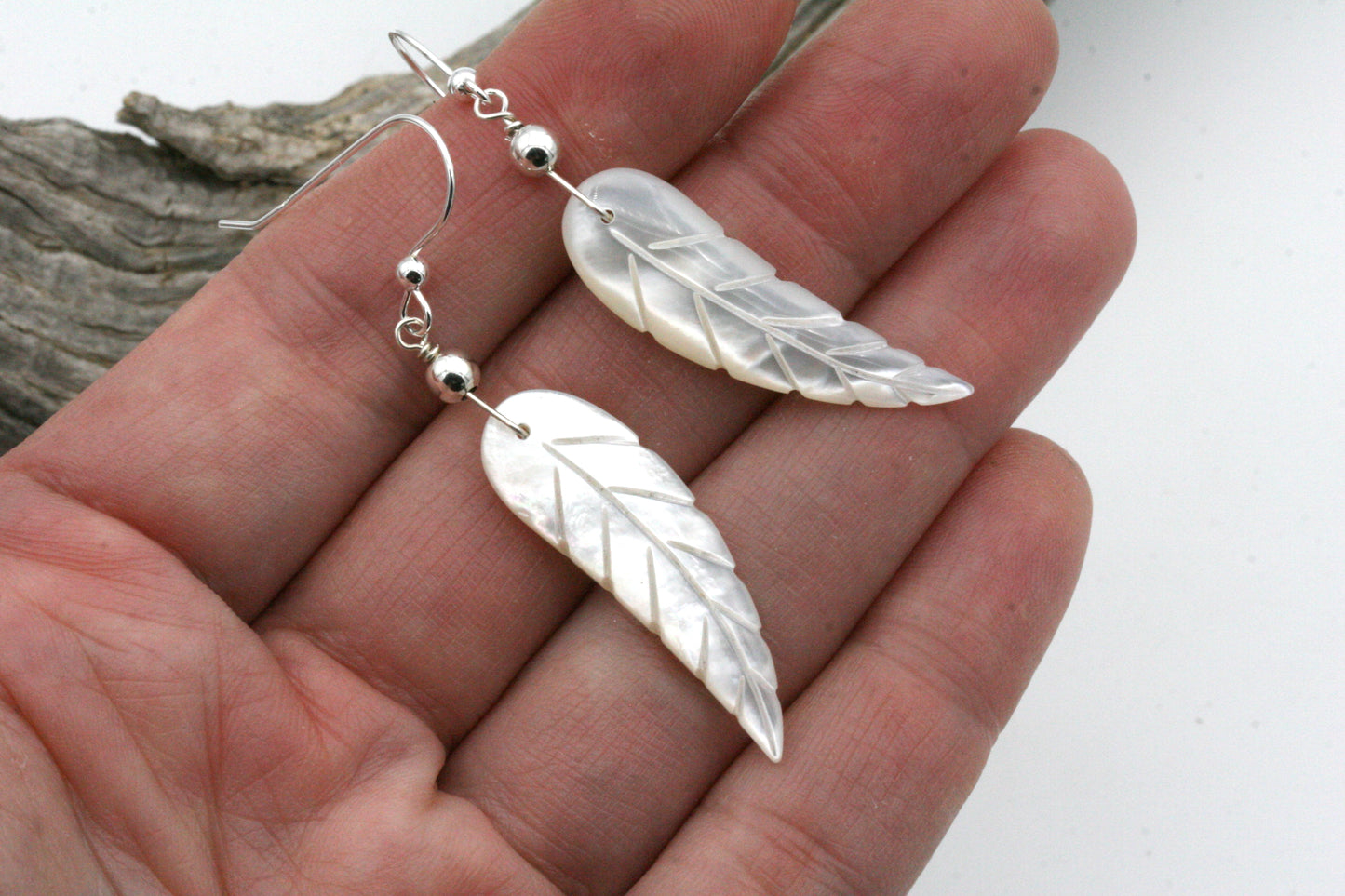 Mother of Pearl Feather Earrings with Sterling Silver
