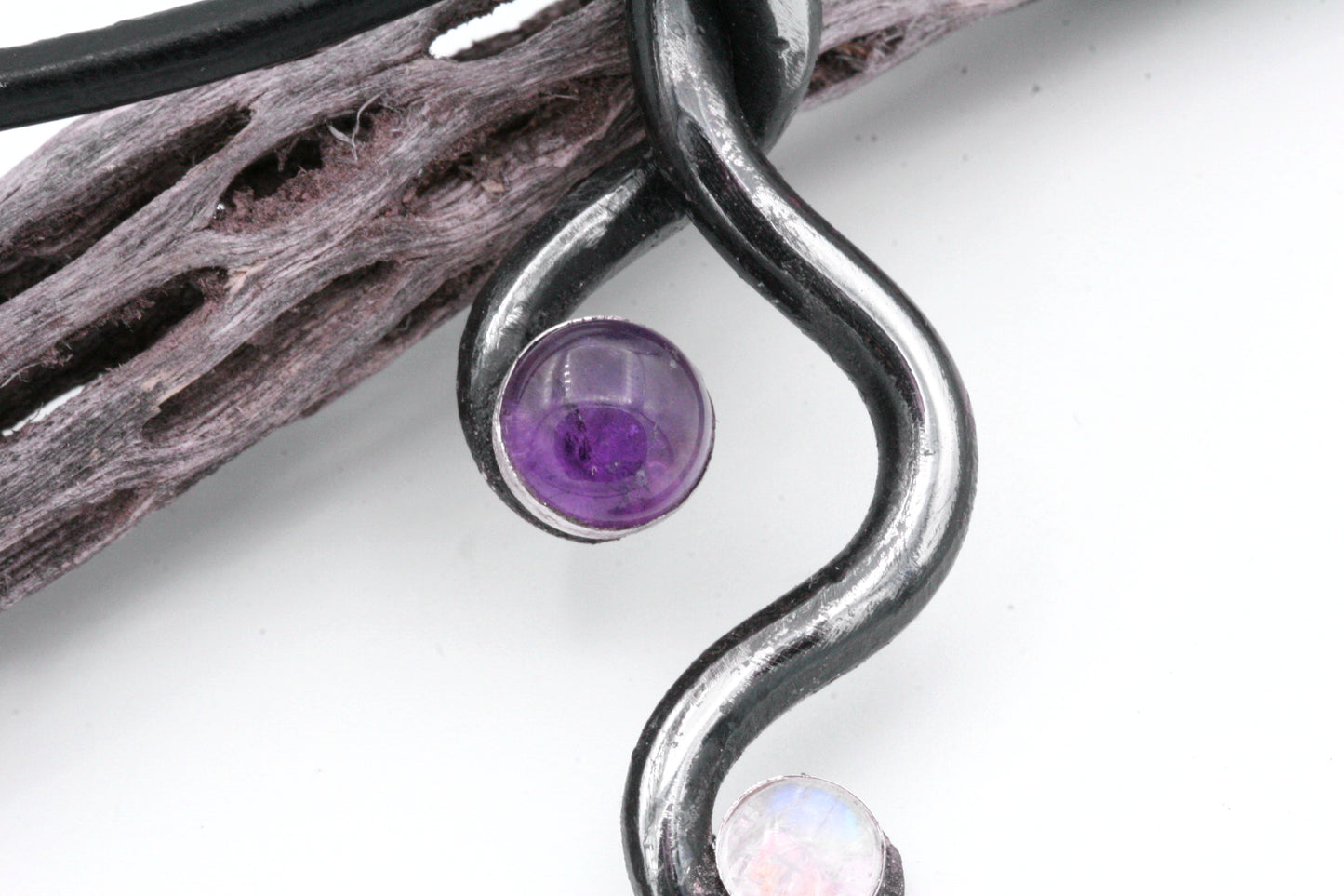 Twisted Iron pendant with Amethyst and Moonstone, Iron Anniversary