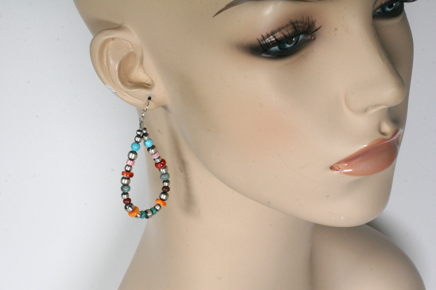 Boucles d'oreilles créoles Navajo Pearl avec huître épineuse et turquoise, argent sterling, style Sundance, boucles d'oreilles bohèmes turquoise, boucles d'oreilles colorées
