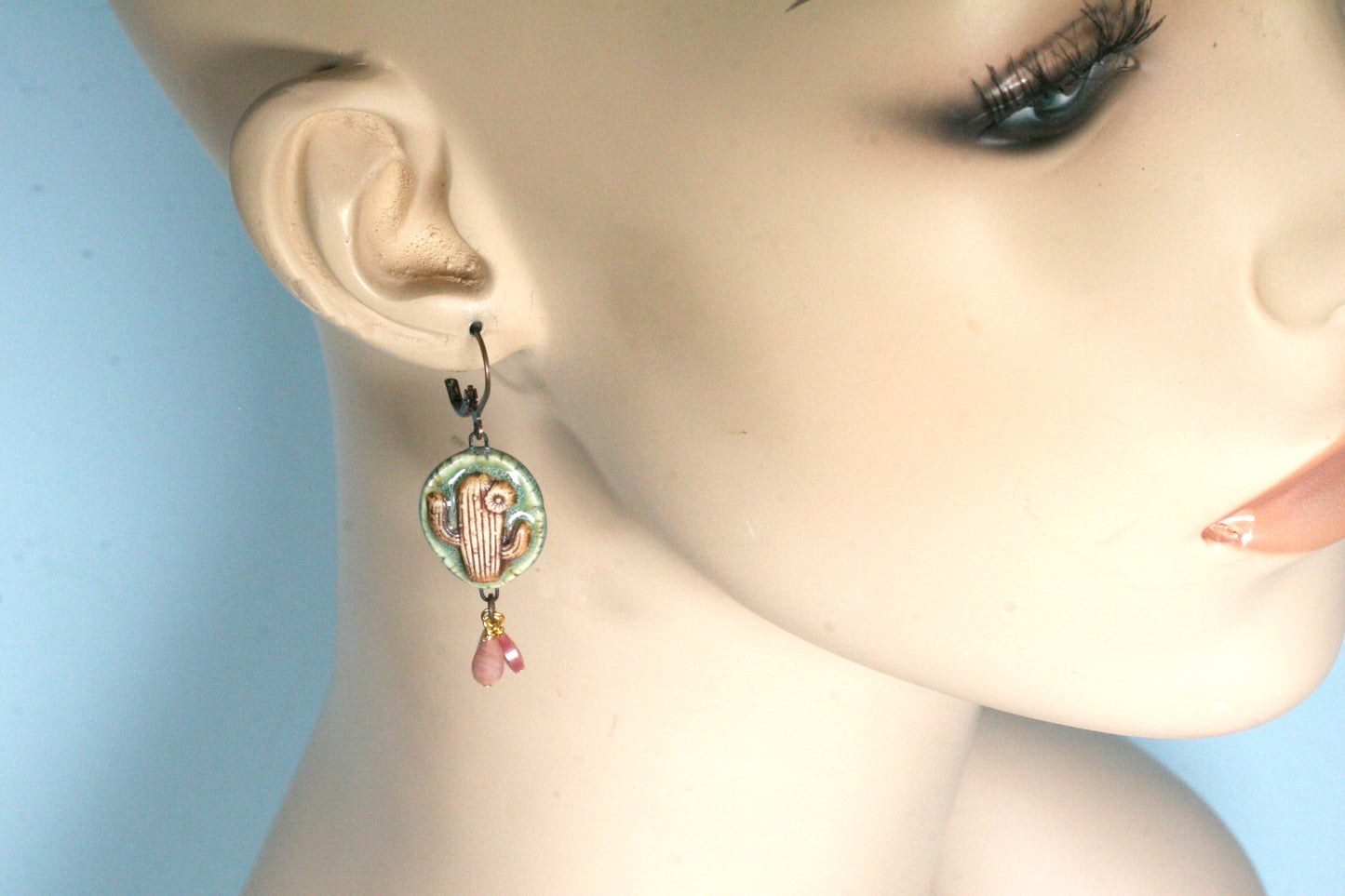 Porcelain Saguaro Cactus Earrings – with Rhodonite Teardrop Stones, Southwestern Desert Jewelry