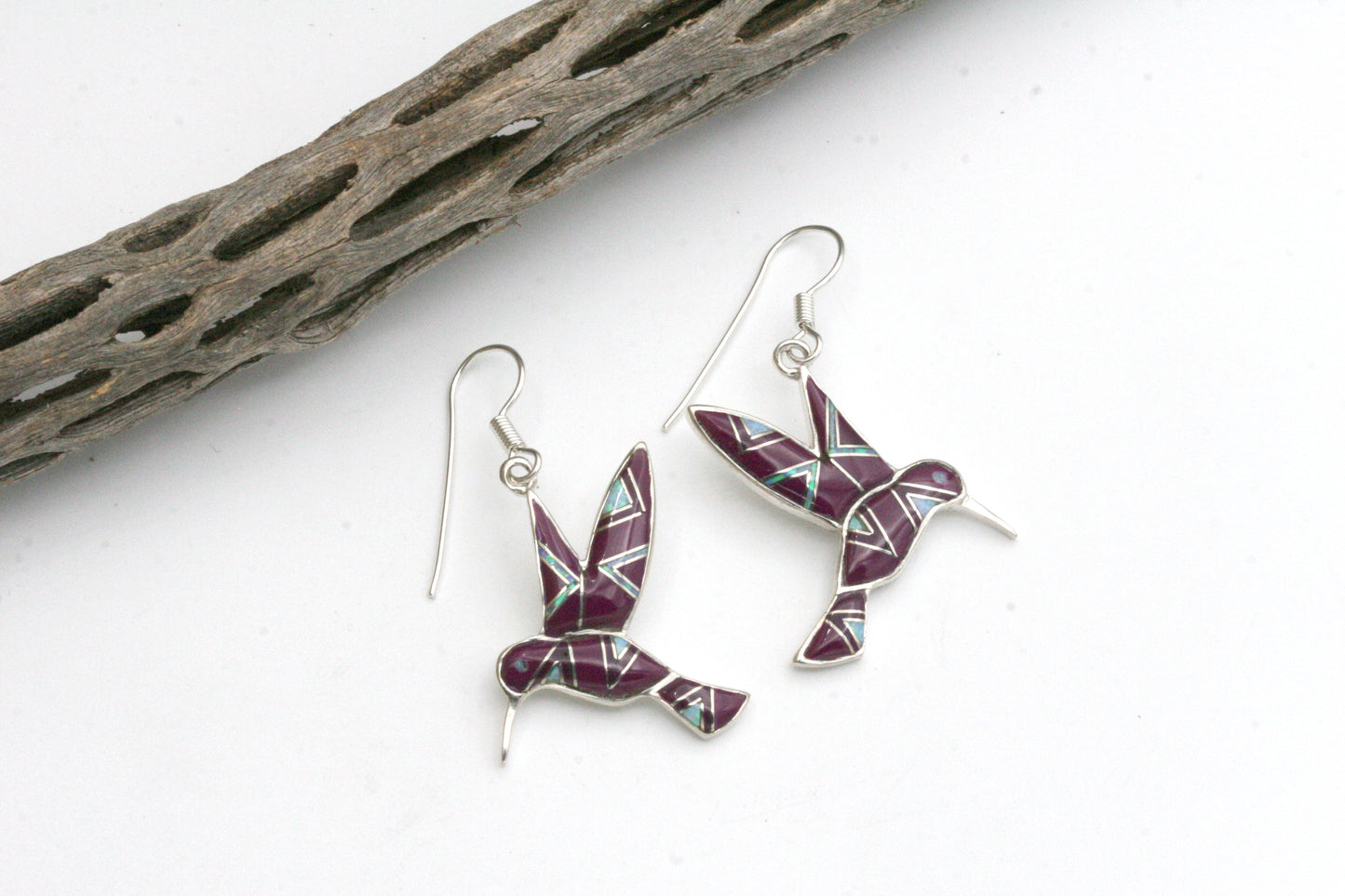 Sterling Silver Hummingbird Earrings with Purple Turquoise & Opal Inlay