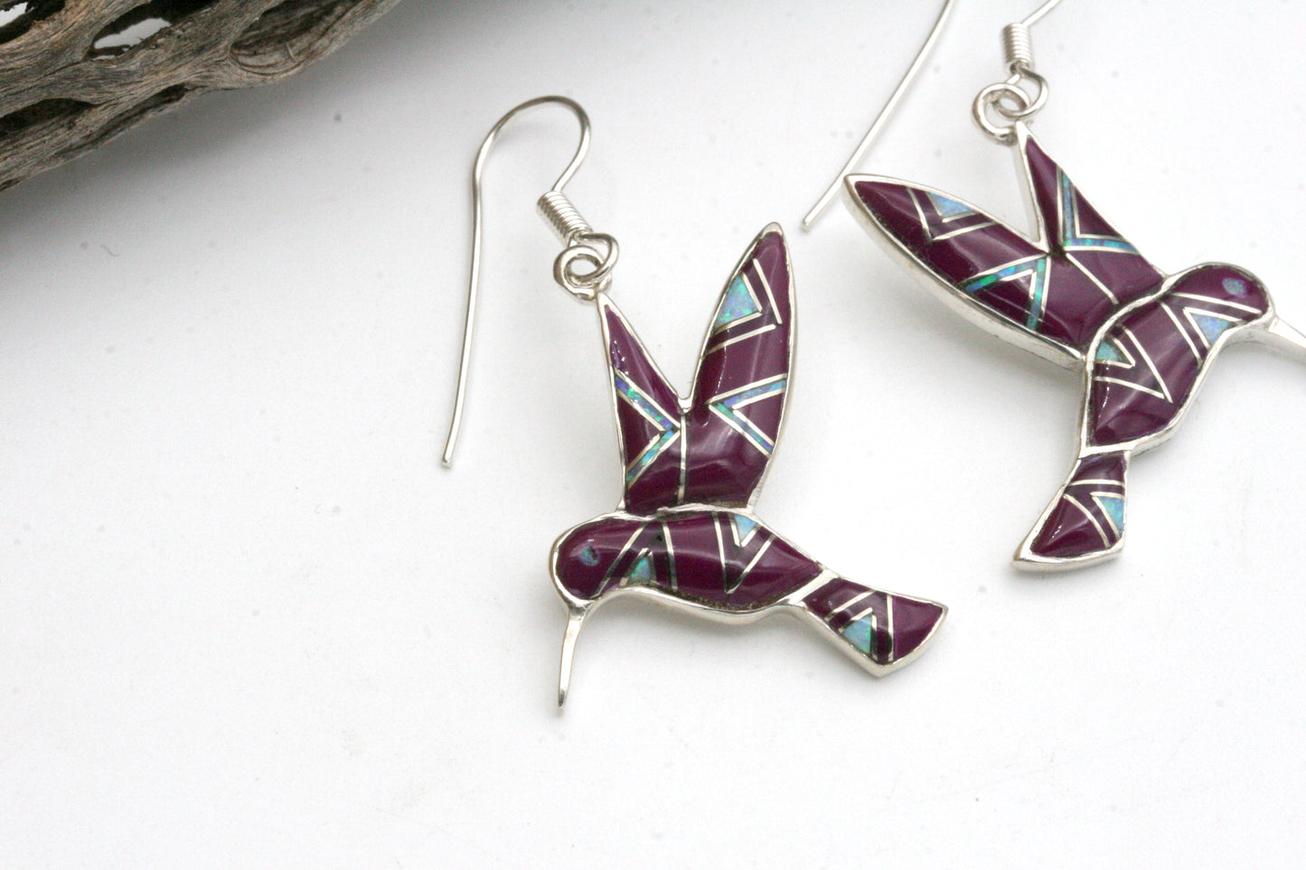 Sterling Silver Hummingbird Earrings with Purple Turquoise & Opal Inlay
