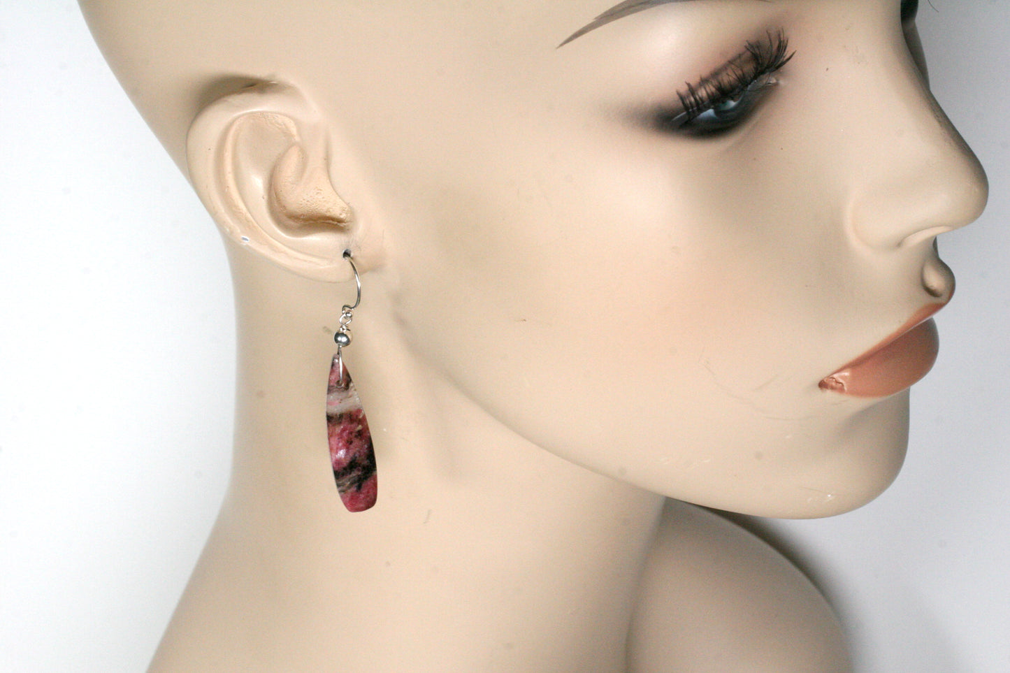Rhodonite Teardrop Earrings, Sterling Silver Dangle