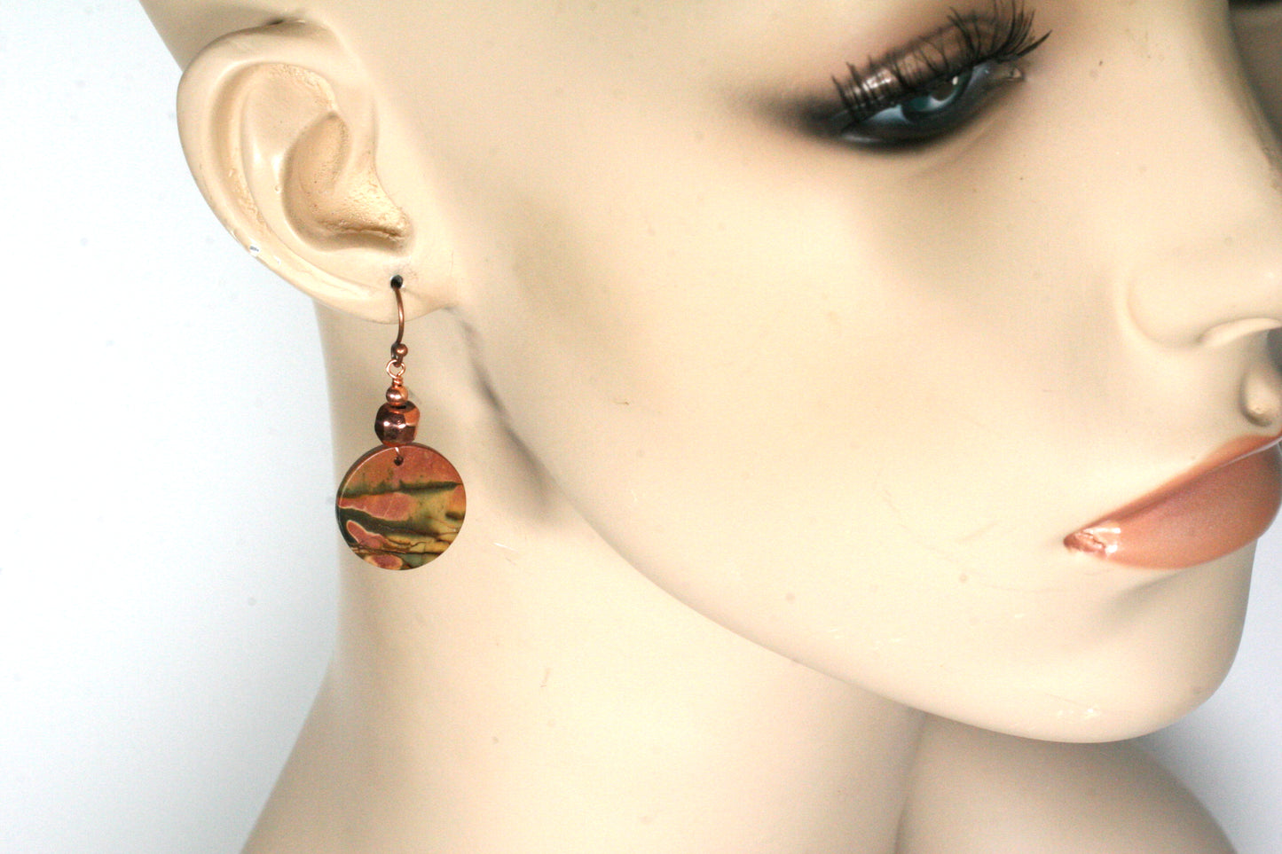 Red Creek Jasper Earrings – Natural Gemstone Disc Earrings with Copper Accent Beads, Boho Style