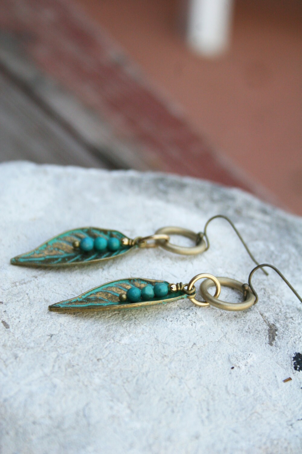 Boho Bronze Patina Leaf Earrings with Turquoise