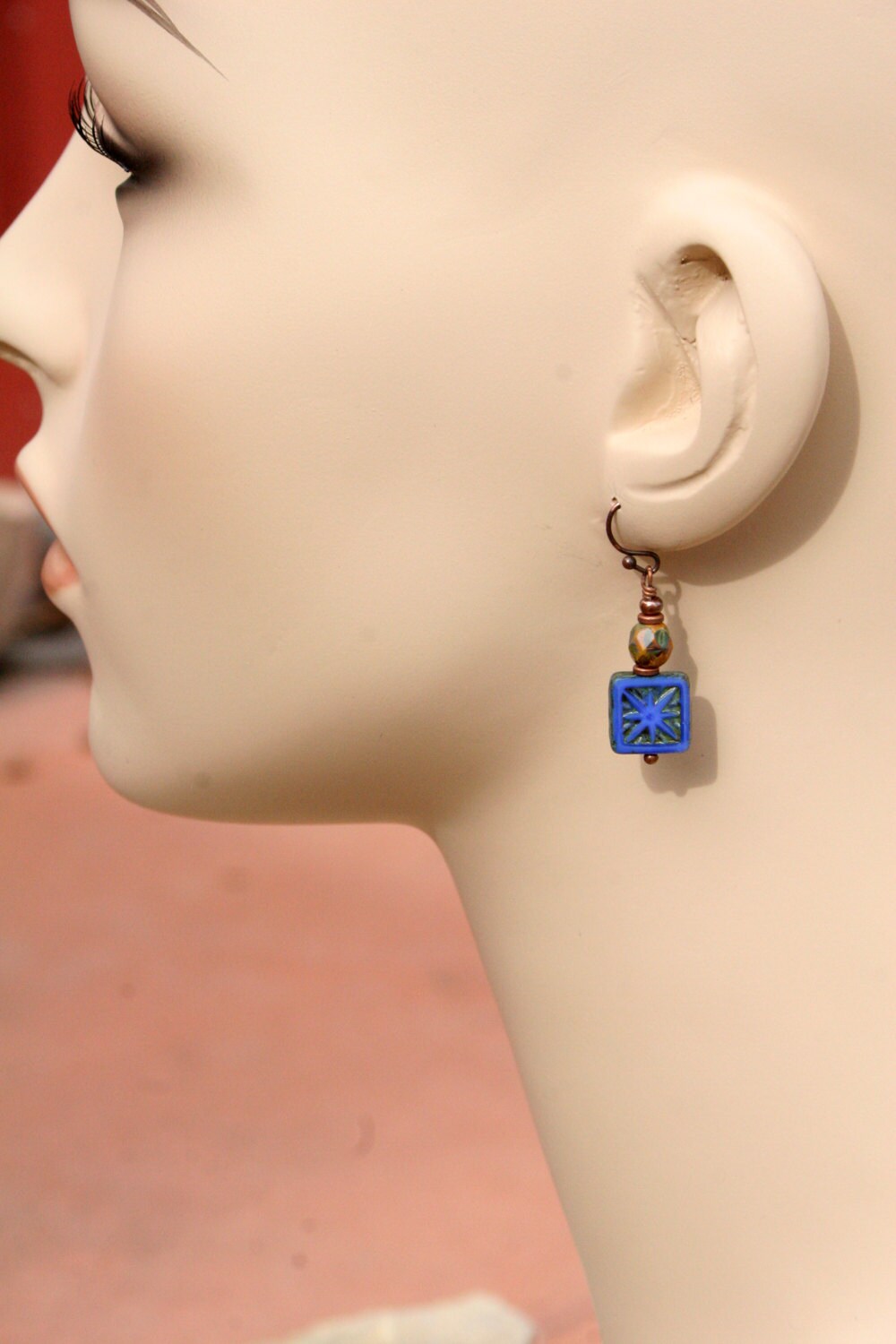 Rustic Czech Glass Blue Square Earrings