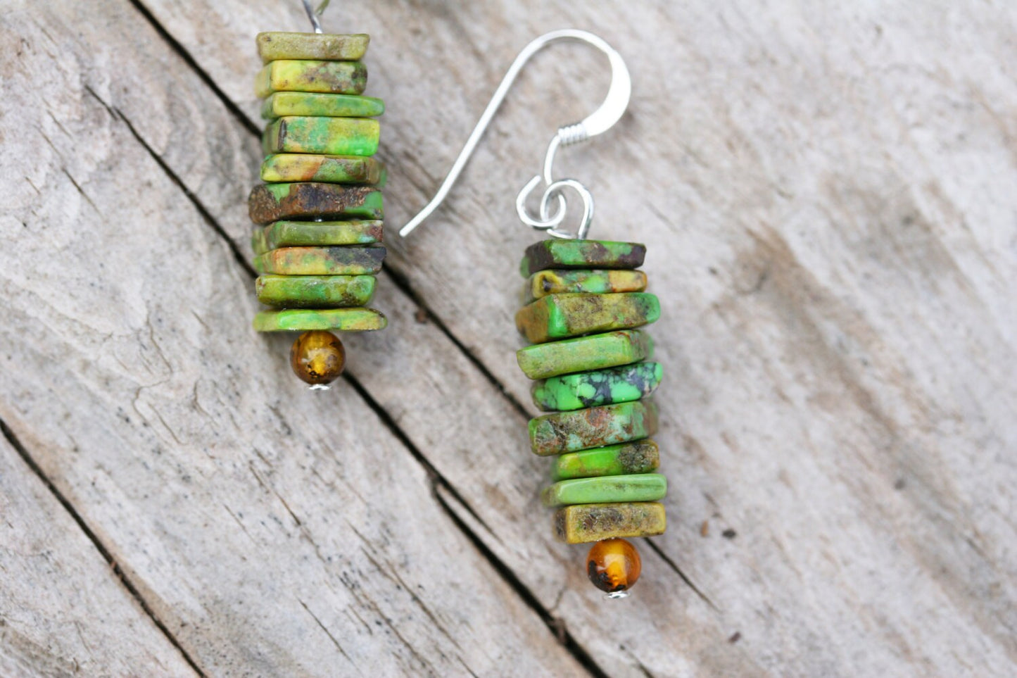 Rustic Green Turquoise Chip & Amber Earrings with Sterling Silver