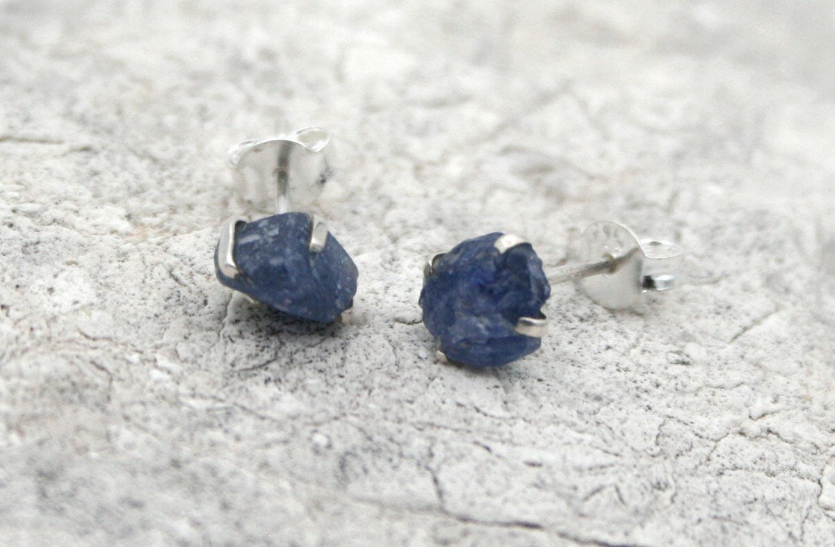 Raw Sapphire Stud Earrings in Sterling Silver