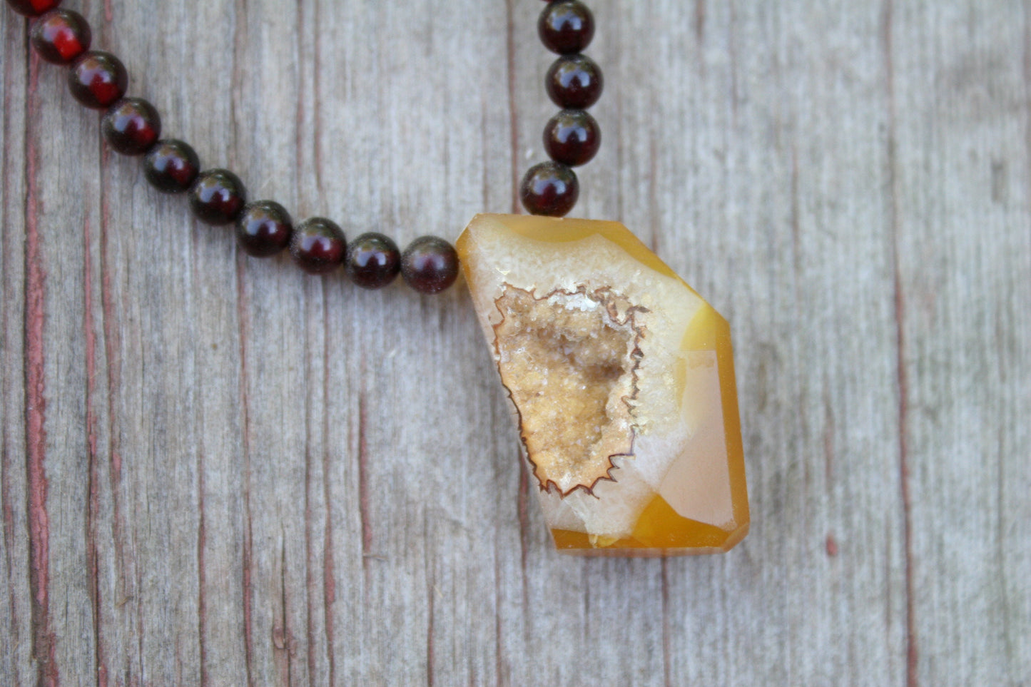 Rustic Amber Necklace with Druzy Crystal