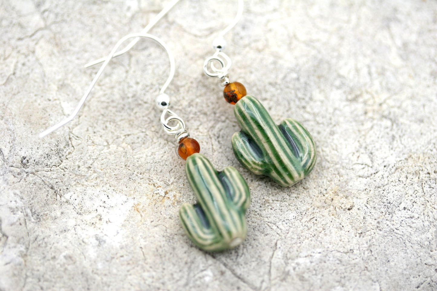 Porcelain Cactus Earrings with Amber