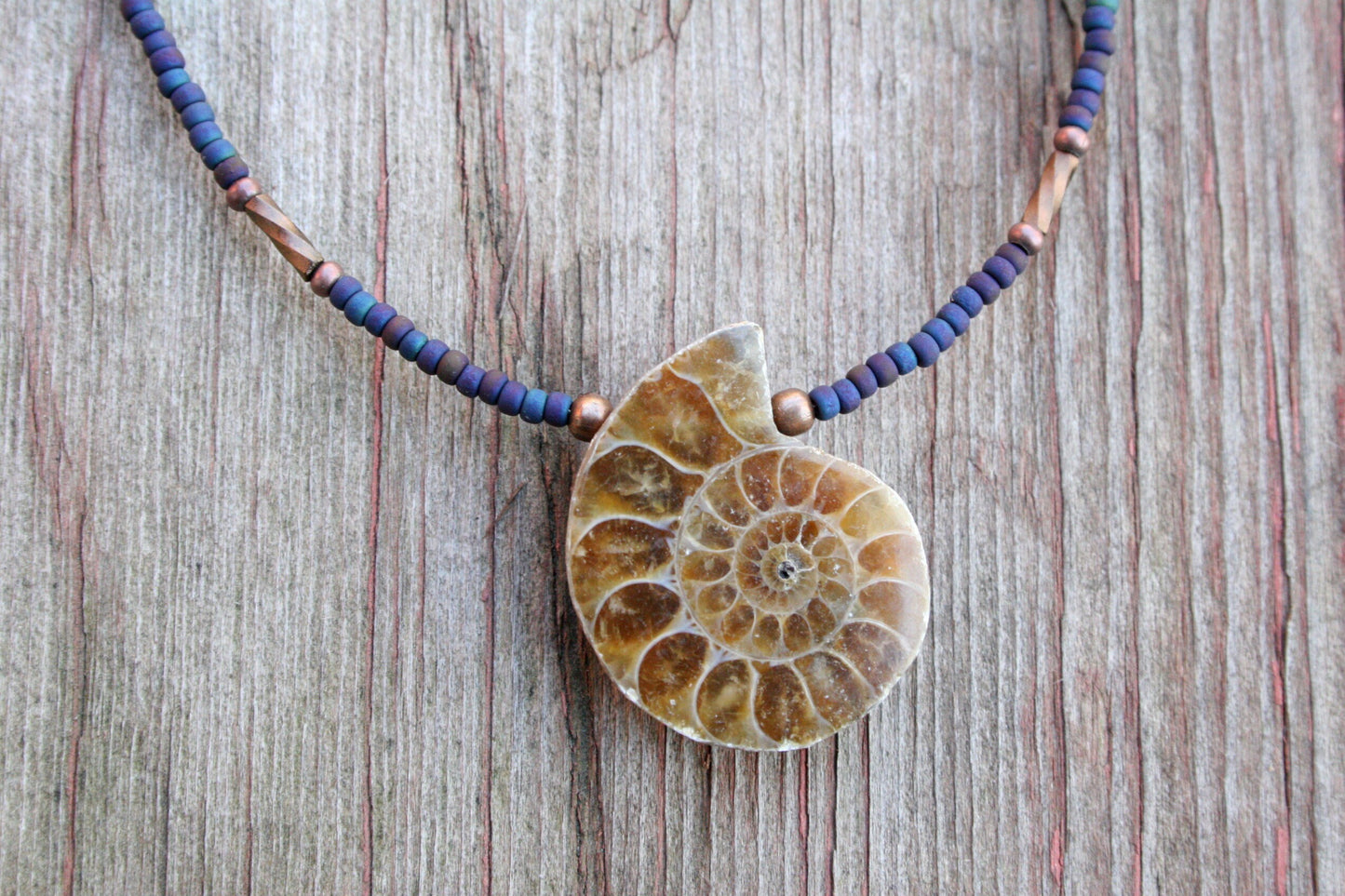 Ammonite Spiral Shell Necklace with seed beads