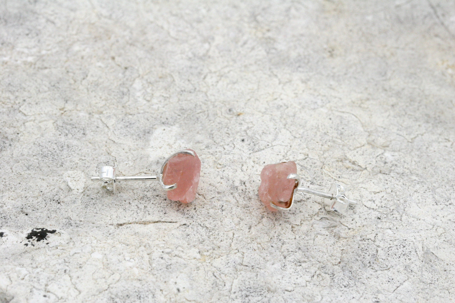 Raw Rose Quartz Stud Earrings in Sterling Silver