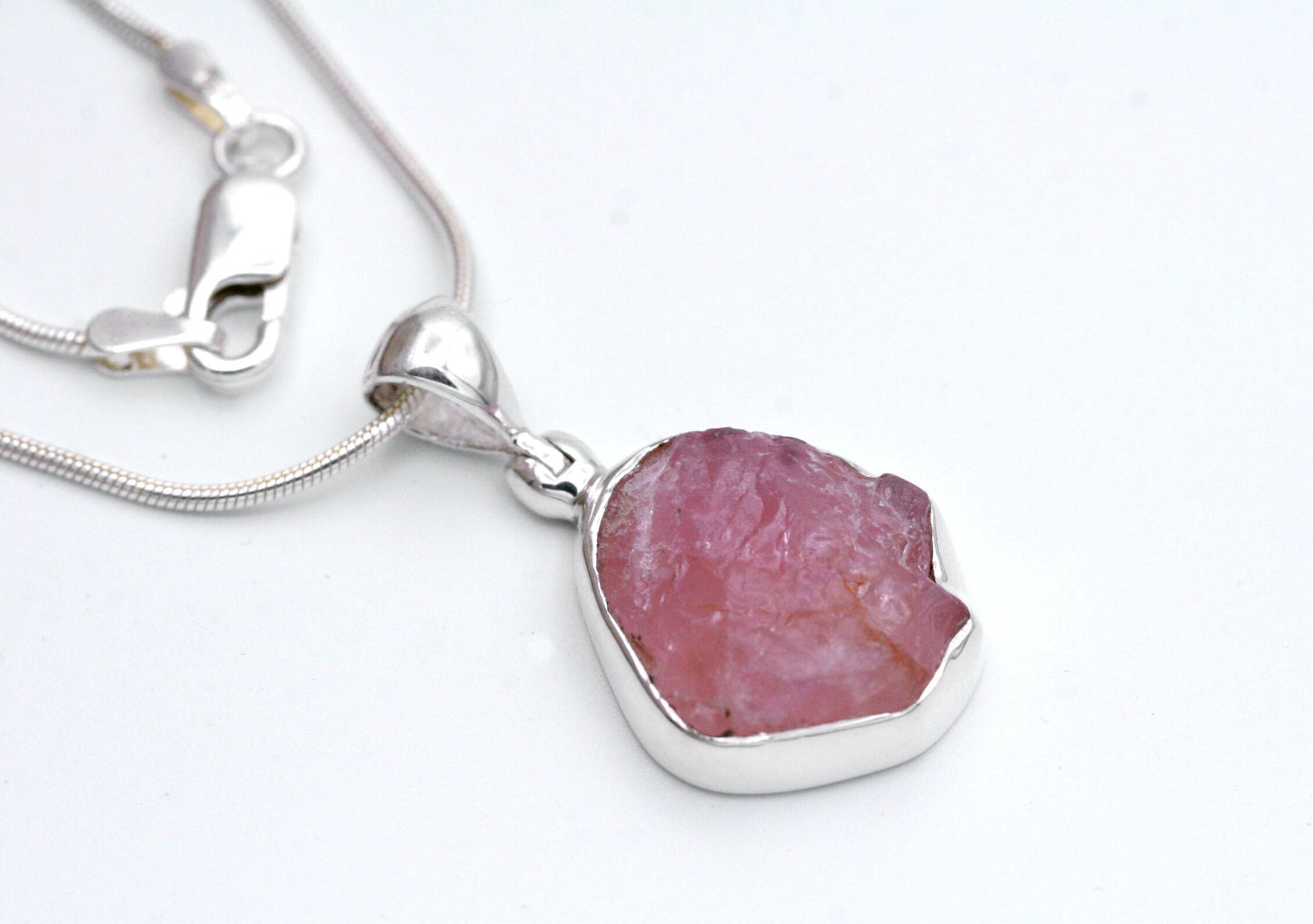 Raw Rose Quartz Necklace in sterling Silver