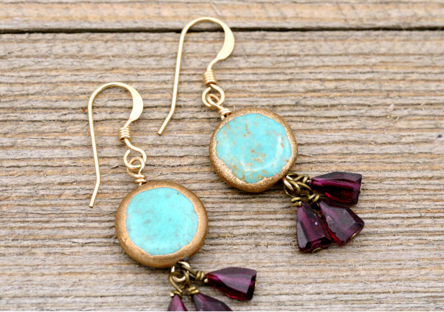 Turquoise Coin Earrings with Garnet and gold filled ear wires
