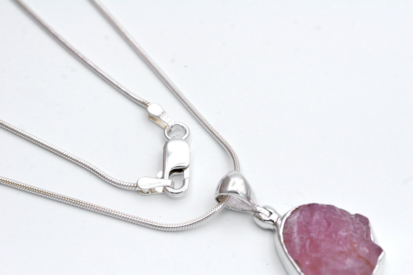 Raw Rose Quartz Necklace in sterling Silver