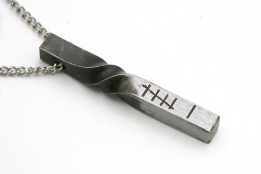 Commemorate your 6th wedding anniversary with this simple and modern pendant that is stamped with 6 tally marks. Show your love is as strong as Iron!
Made from solid iron, this pendant is drilled through the side to create a slider necklace. The pendant measure approximately 1 1/2 inches long.
You can choose from 16, 18, 20 or 24 inch necklace lengths.