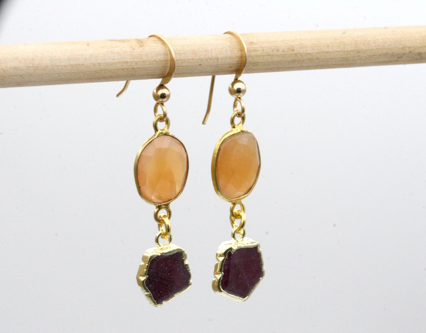 Peach Moonstone and Ruby Drop Earrings