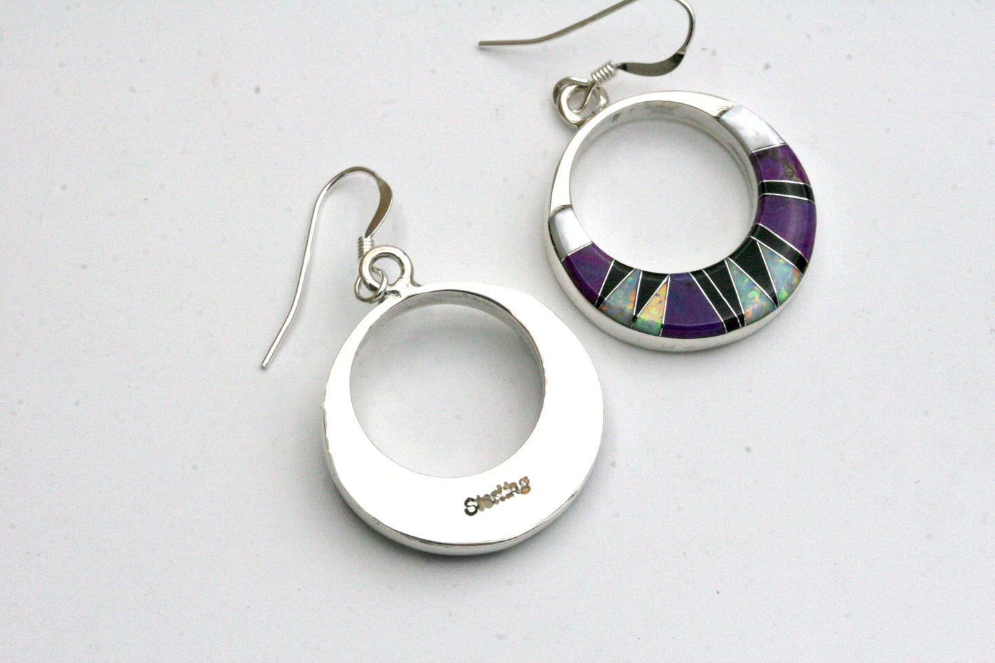 Sterling Silver Hoop Earrings with Purple Inlay
