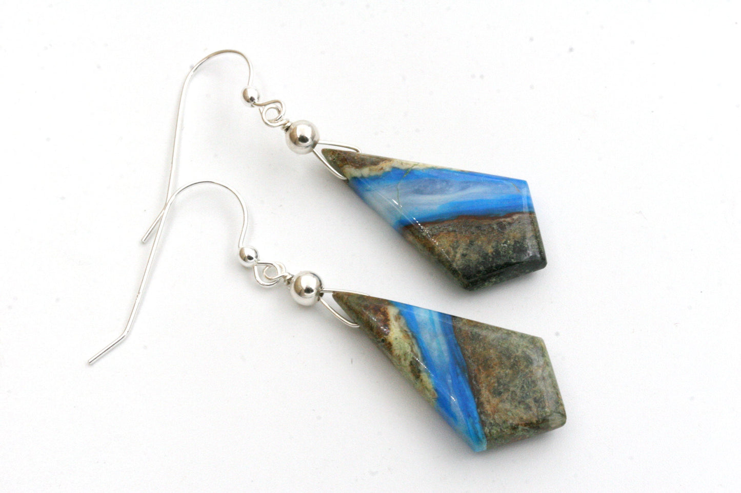 Blue Opal in Petrified Wood Sterling Silver Earrings