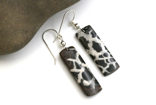 Natural Septarian Fossil Earrings, Black and White Stone