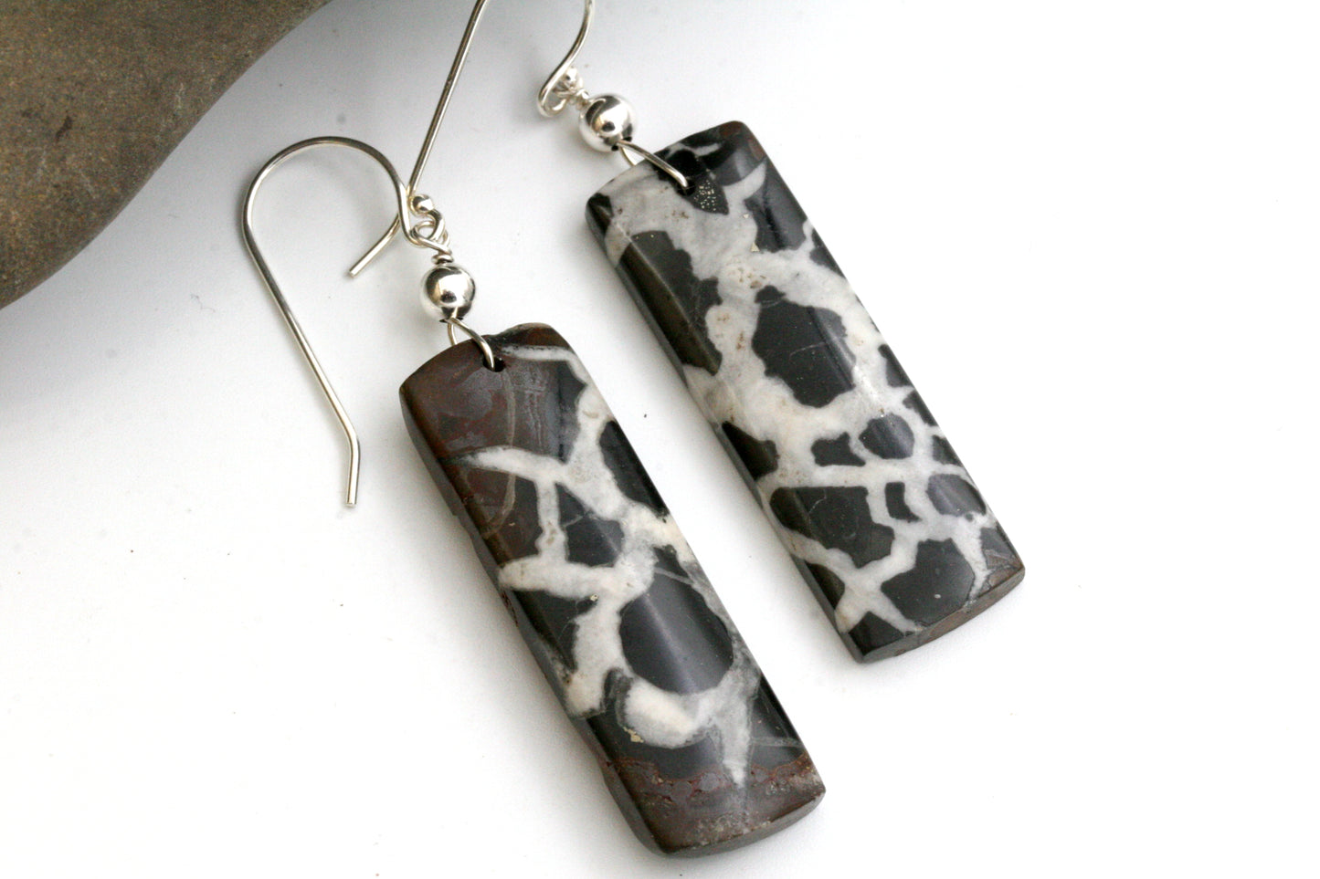 Natural Septarian Fossil Earrings, Black and White Stone