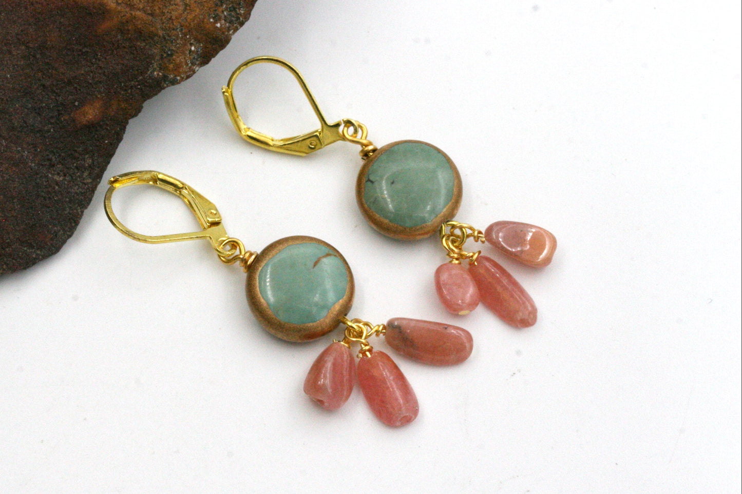 Turquoise and Rhodochrosite Coin Earrings