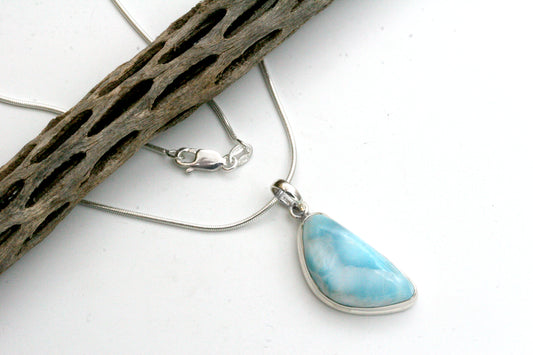 Larimar Pendant Necklace – Freeform Larimar in Sterling Silver Bezel on Snake Chain