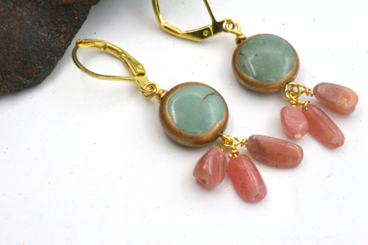 Turquoise and Rhodochrosite Coin Earrings