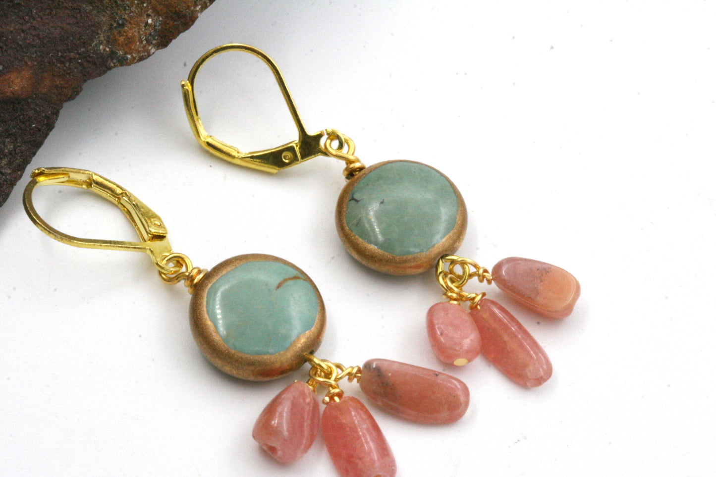 Turquoise and Rhodochrosite Coin Earrings