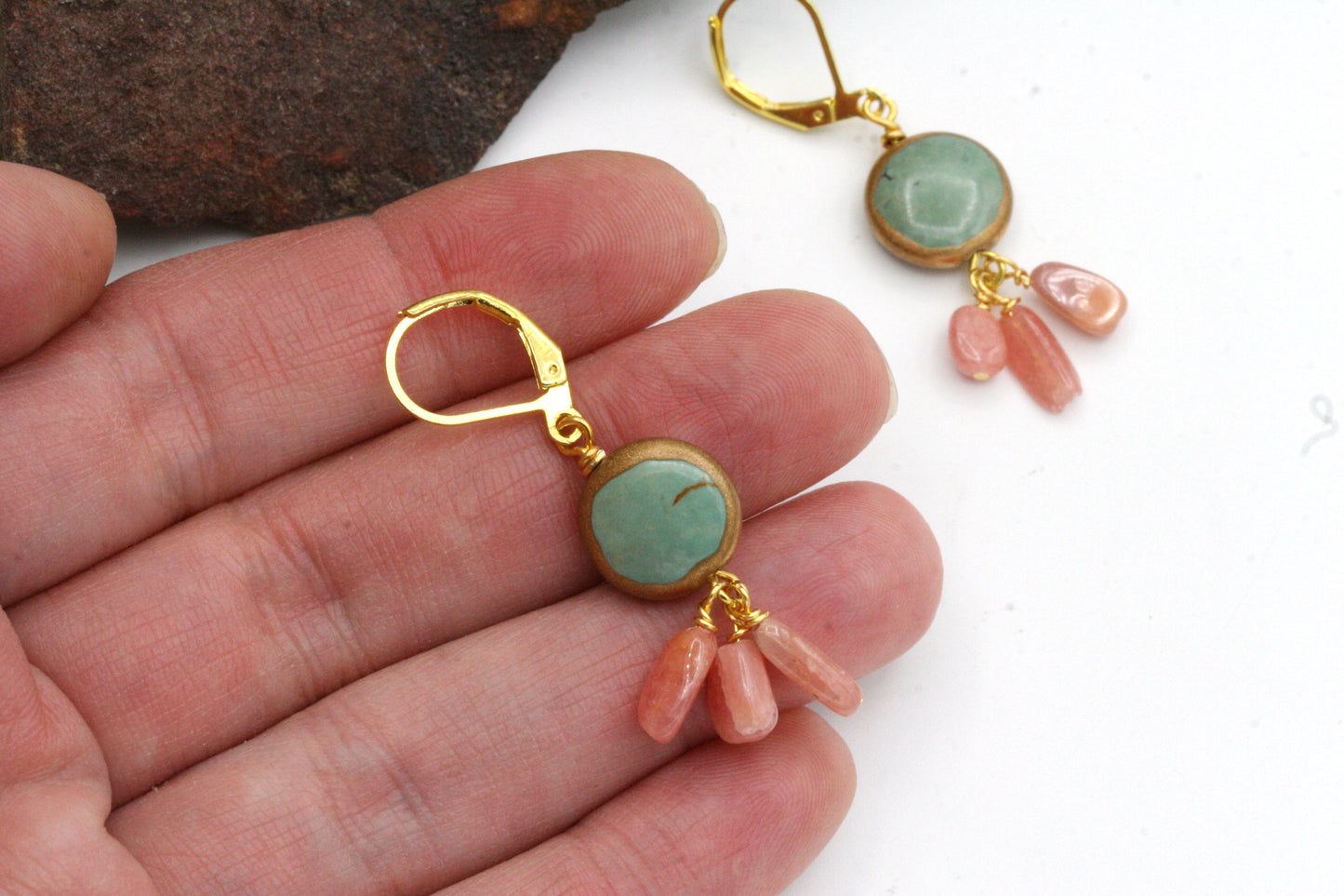 Turquoise and Rhodochrosite Coin Earrings