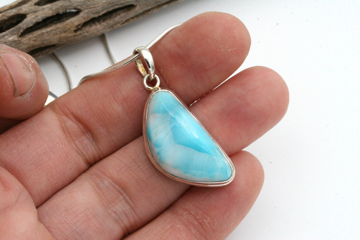 Larimar Pendant Necklace – Freeform Larimar in Sterling Silver Bezel on Snake Chain