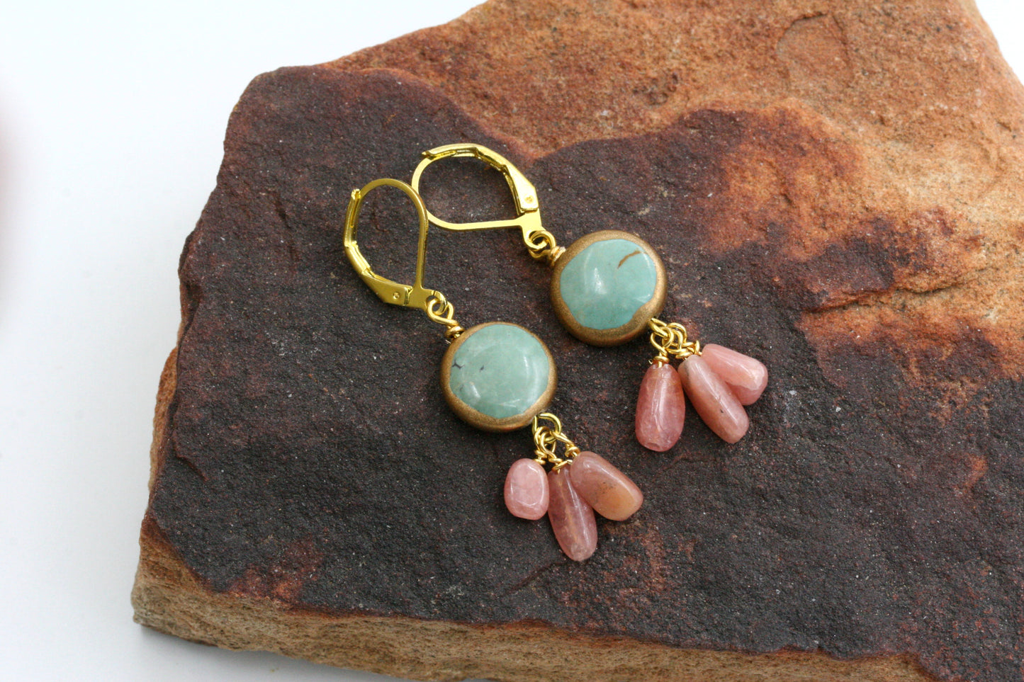 Turquoise and Rhodochrosite Coin Earrings