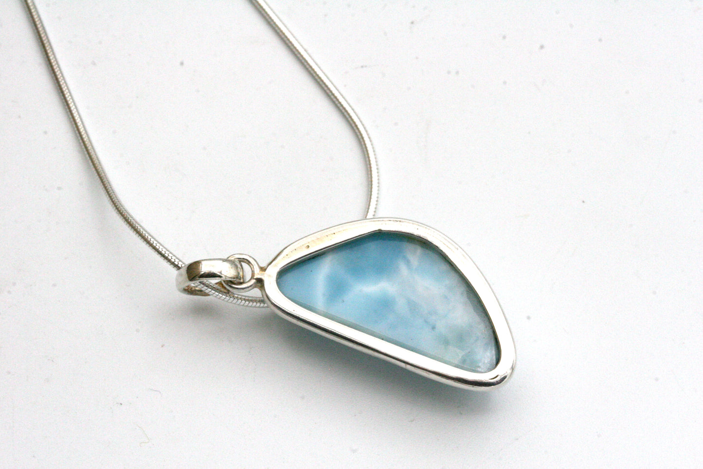 Larimar Pendant Necklace – Freeform Larimar in Sterling Silver Bezel on Snake Chain