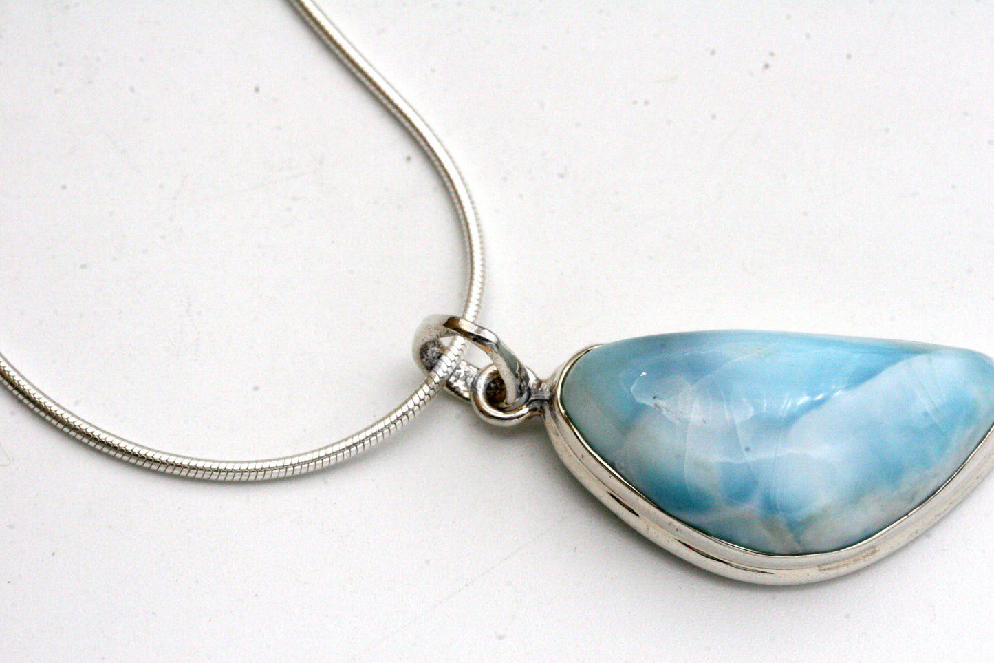 Larimar Pendant Necklace – Freeform Larimar in Sterling Silver Bezel on Snake Chain