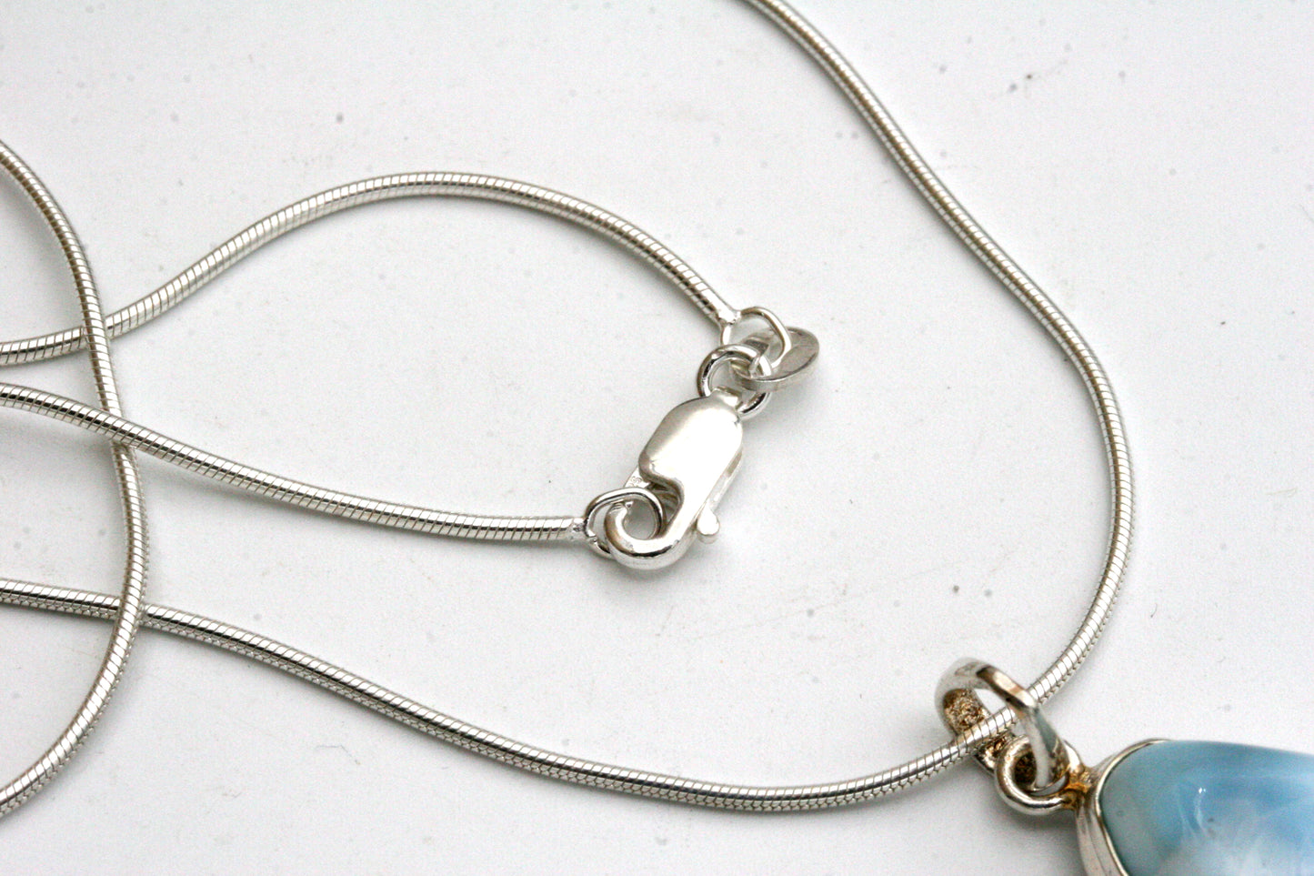 Larimar Pendant Necklace – Freeform Larimar in Sterling Silver Bezel on Snake Chain