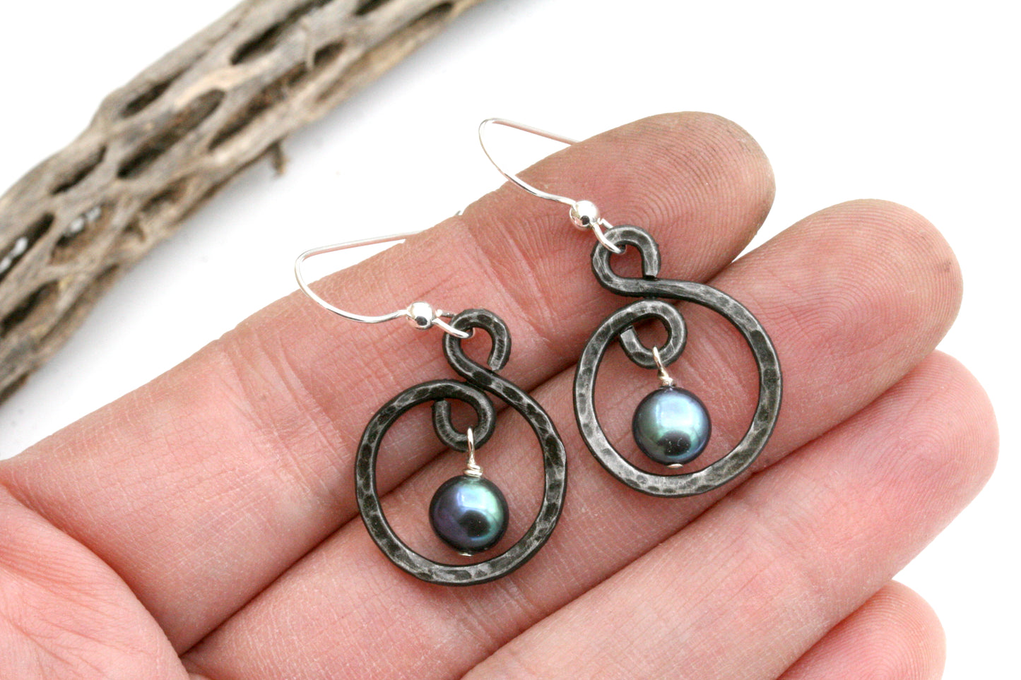 Small Iron and Blue Pearl Earrings