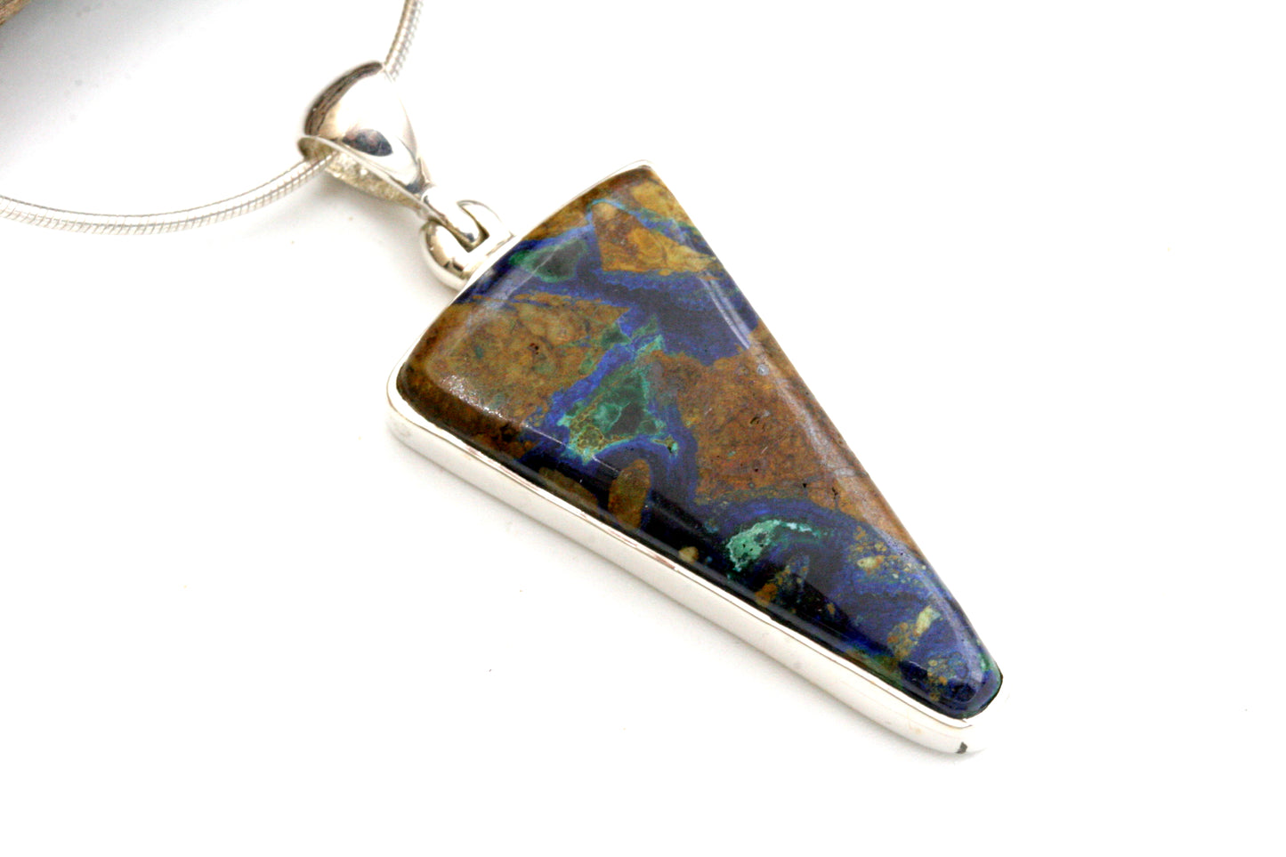Azurite Malachite Sterling Silver Triangle Pendant with Snake Chain
