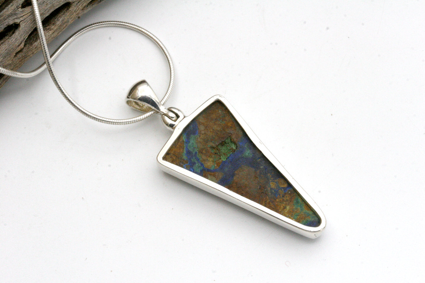Azurite Malachite Sterling Silver Triangle Pendant with Snake Chain