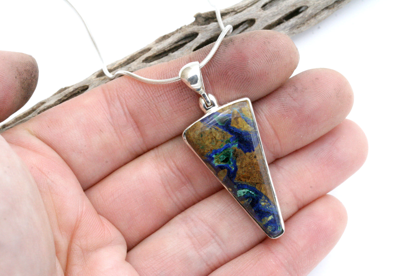 Azurite Malachite Sterling Silver Triangle Pendant with Snake Chain
