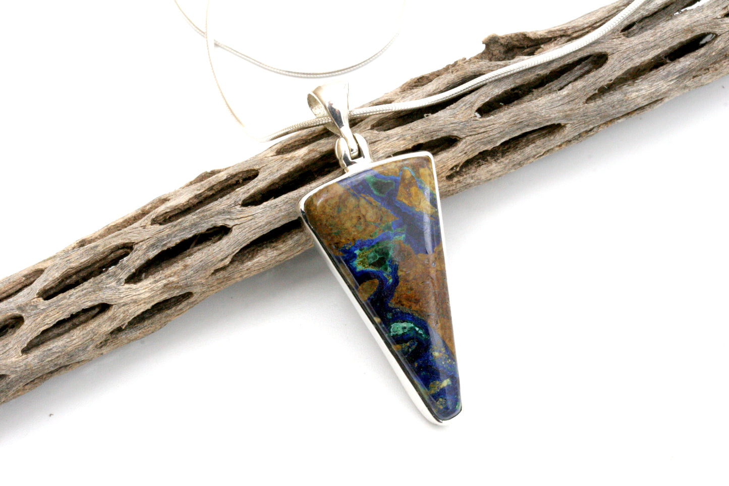 Azurite Malachite Sterling Silver Triangle Pendant with Snake Chain