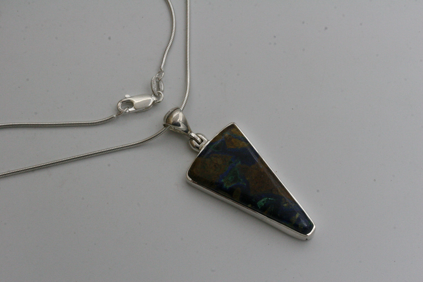 Azurite Malachite Sterling Silver Triangle Pendant with Snake Chain