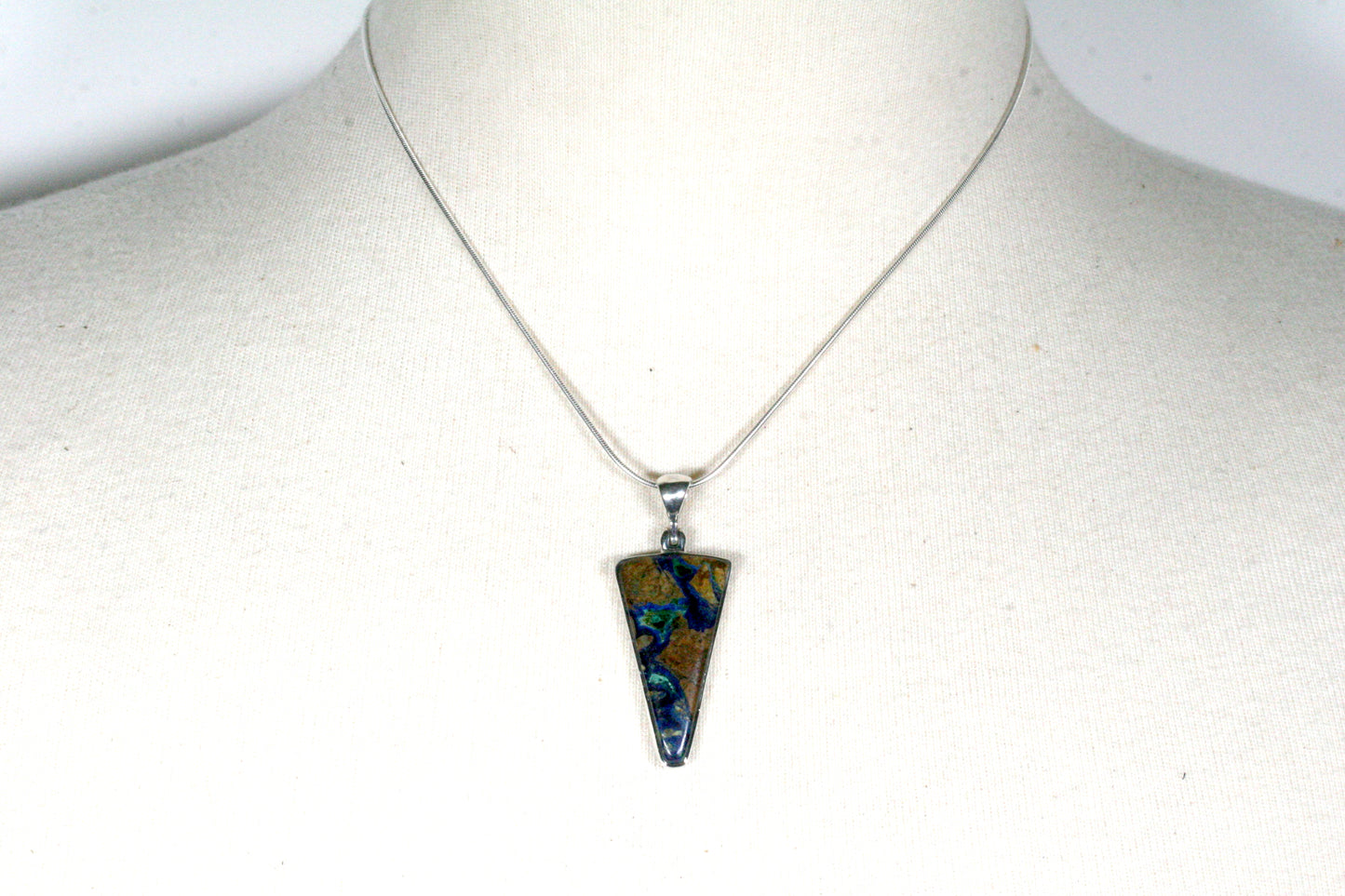 Azurite Malachite Sterling Silver Triangle Pendant with Snake Chain