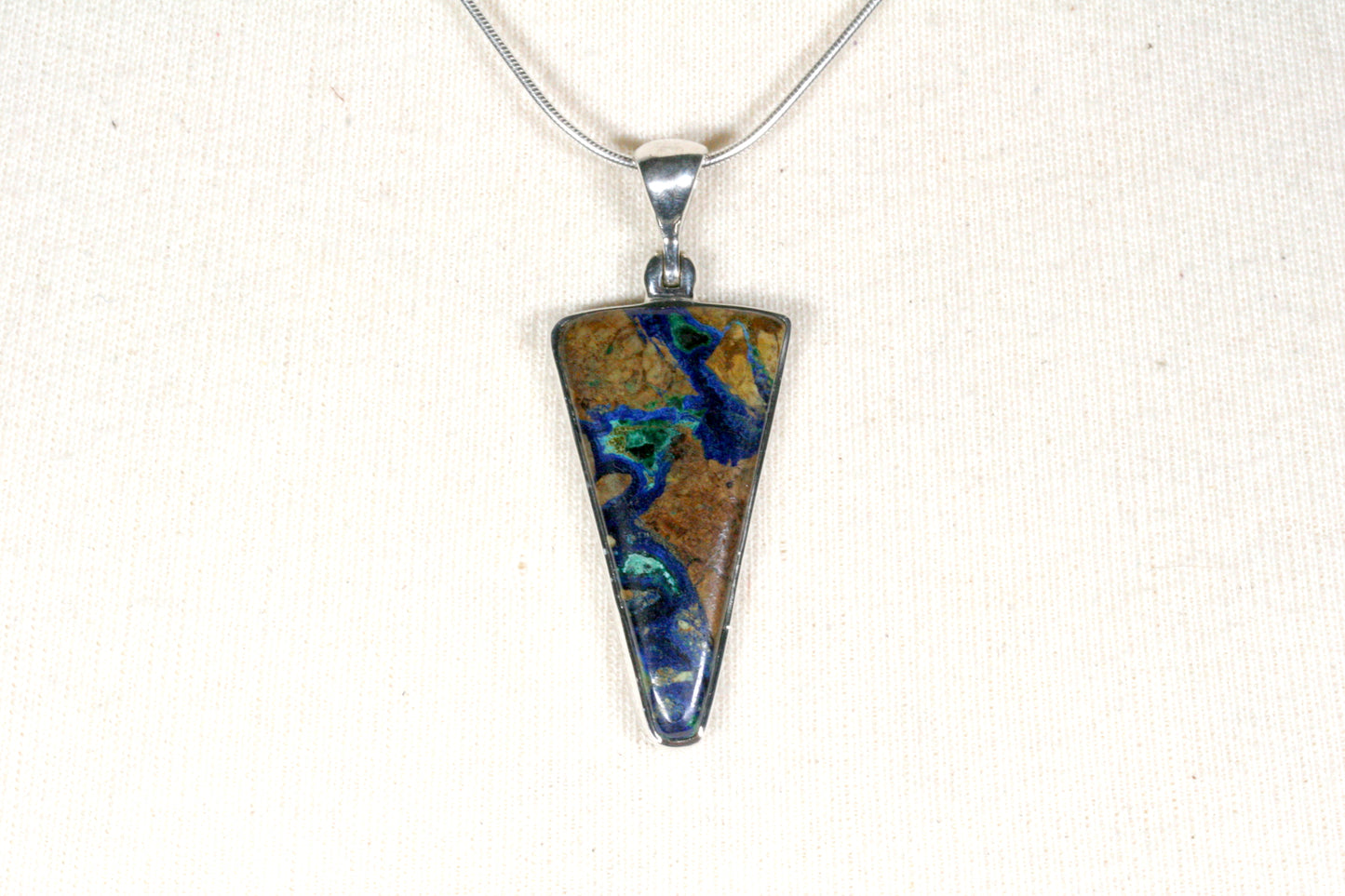 Azurite Malachite Sterling Silver Triangle Pendant with Snake Chain