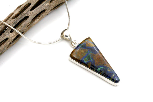 Azurite Malachite Sterling Silver Triangle Pendant with Snake Chain