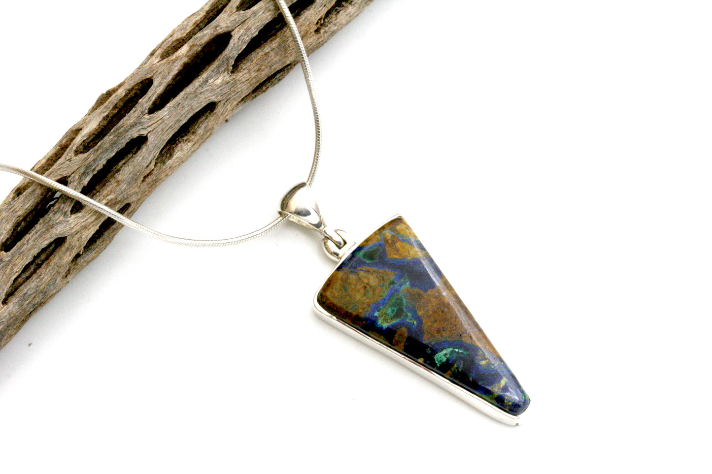Azurite Malachite Sterling Silver Triangle Pendant with Snake Chain